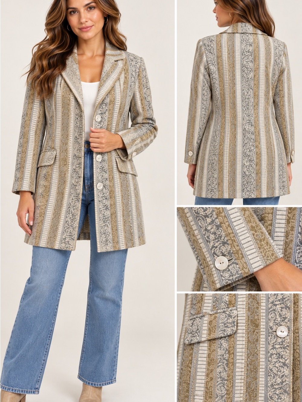 Striped Jacquard Long Blazer Coat in Beige & Gray